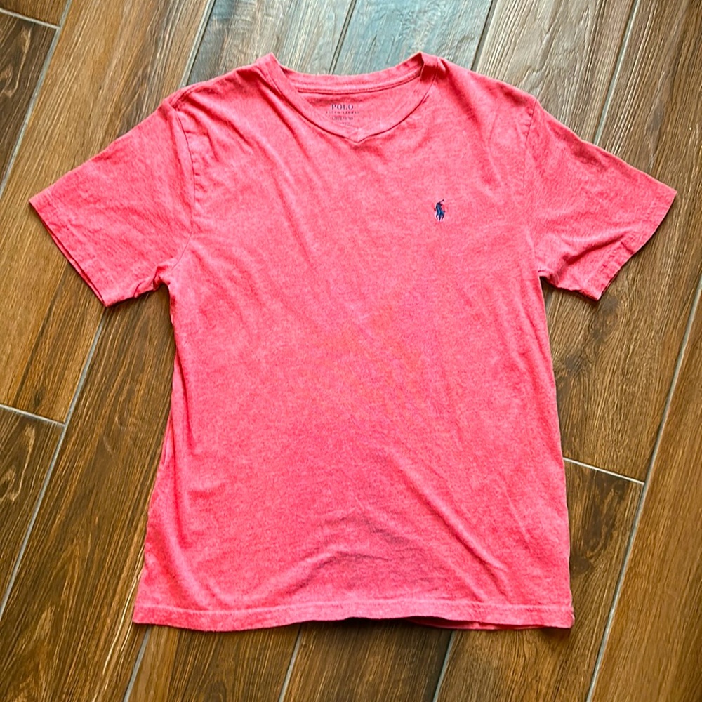 Excellent used condition, Ralph Lauren polo V-neck T-shirt, heather red, YL